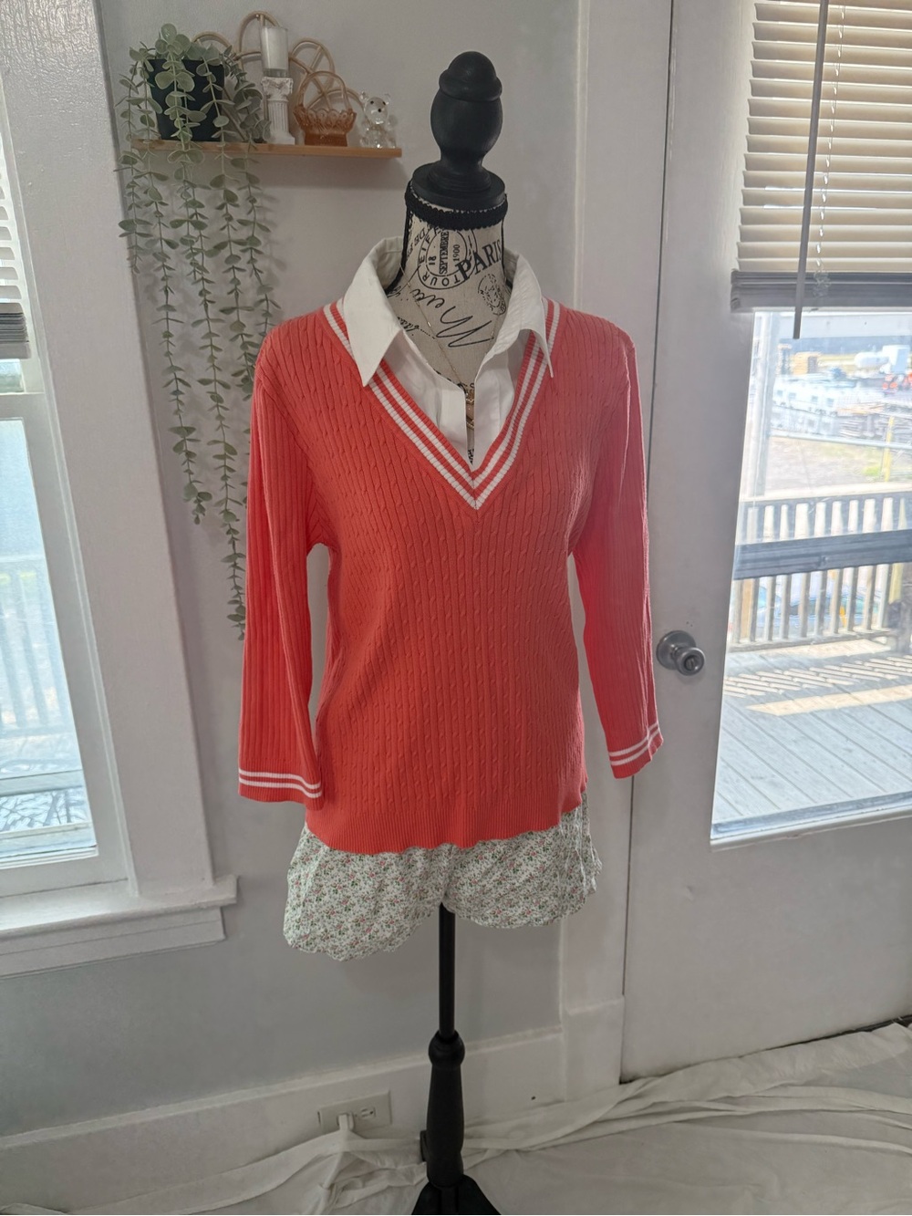 Faded Glory Coral V-Neck Sweater with White Trim